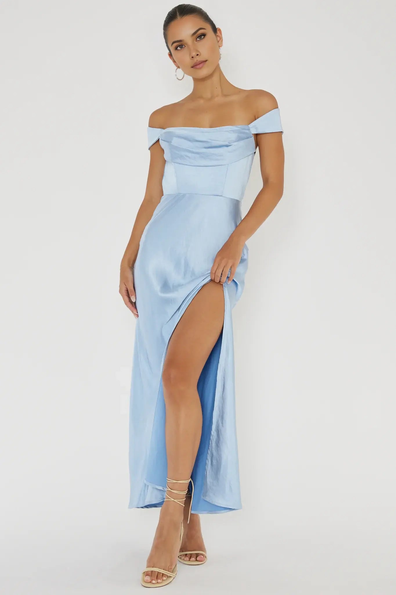 Elegant Simple Sheath Off-Shoulder Pleated Square Neck V-Back High Slit Sage Long Wedding Guest Dress Hot Sale Prom Dress