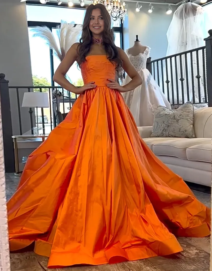 Wholesa A-Line Strapless Satin Long Orange formal dresses evening gown Prom Dress