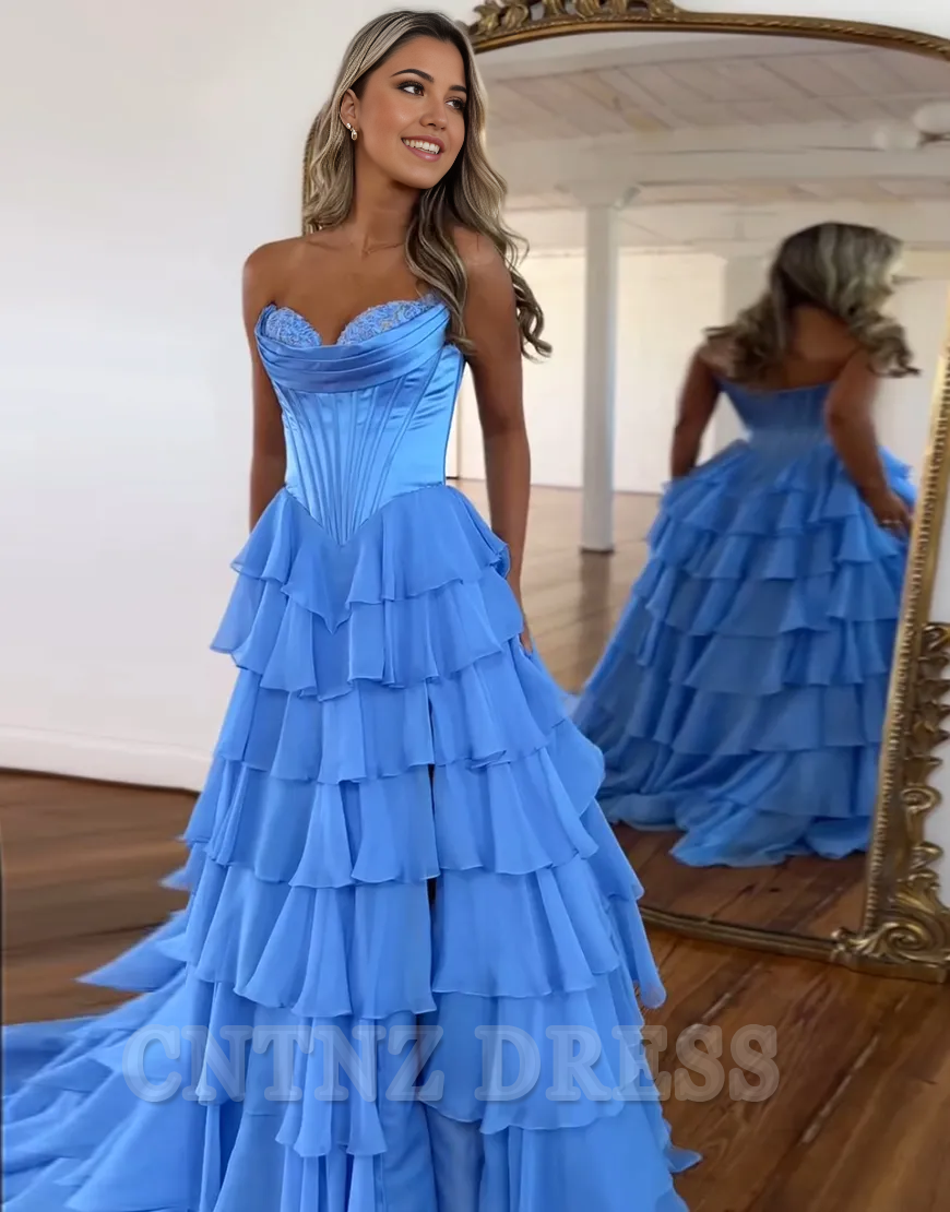 Wholesa A-Line Strapless Corset Tiered Long formal dresses evening gown Prom Dress with Slit