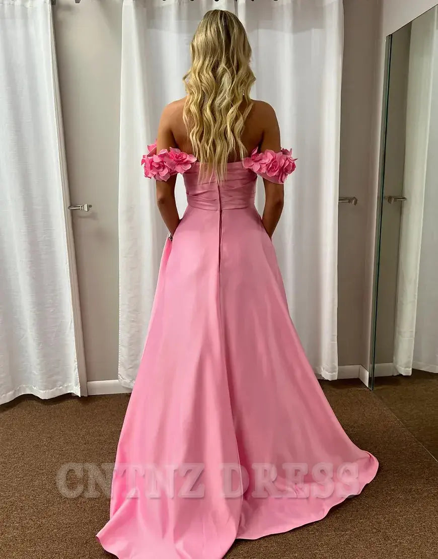 Wholesa A-Line Elegant Off The Shoulder Corset Blush Long formal dresses Bridesmaid Dresses evening gown Prom Dress with Flower