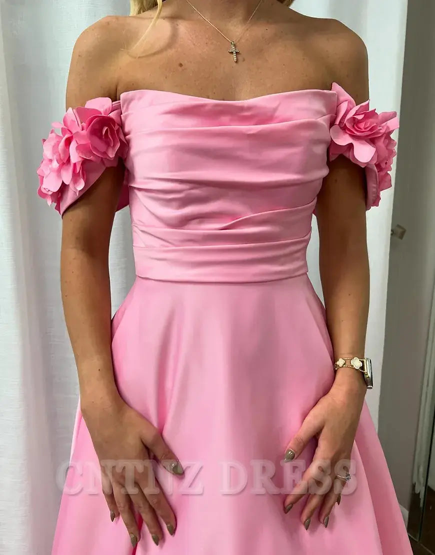 Wholesa A-Line Elegant Off The Shoulder Corset Blush Long formal dresses Bridesmaid Dresses evening gown Prom Dress with Flower