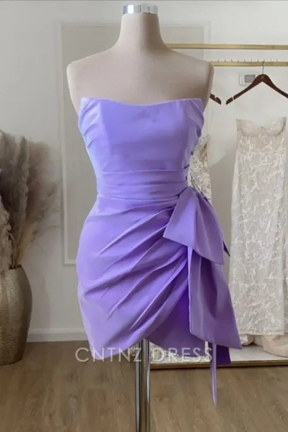 Wholesa Sheath Strapless Satin Lavender Mini Homecoming Dress formal dresses Bridesmaid Dresses evening gown Prom Dress