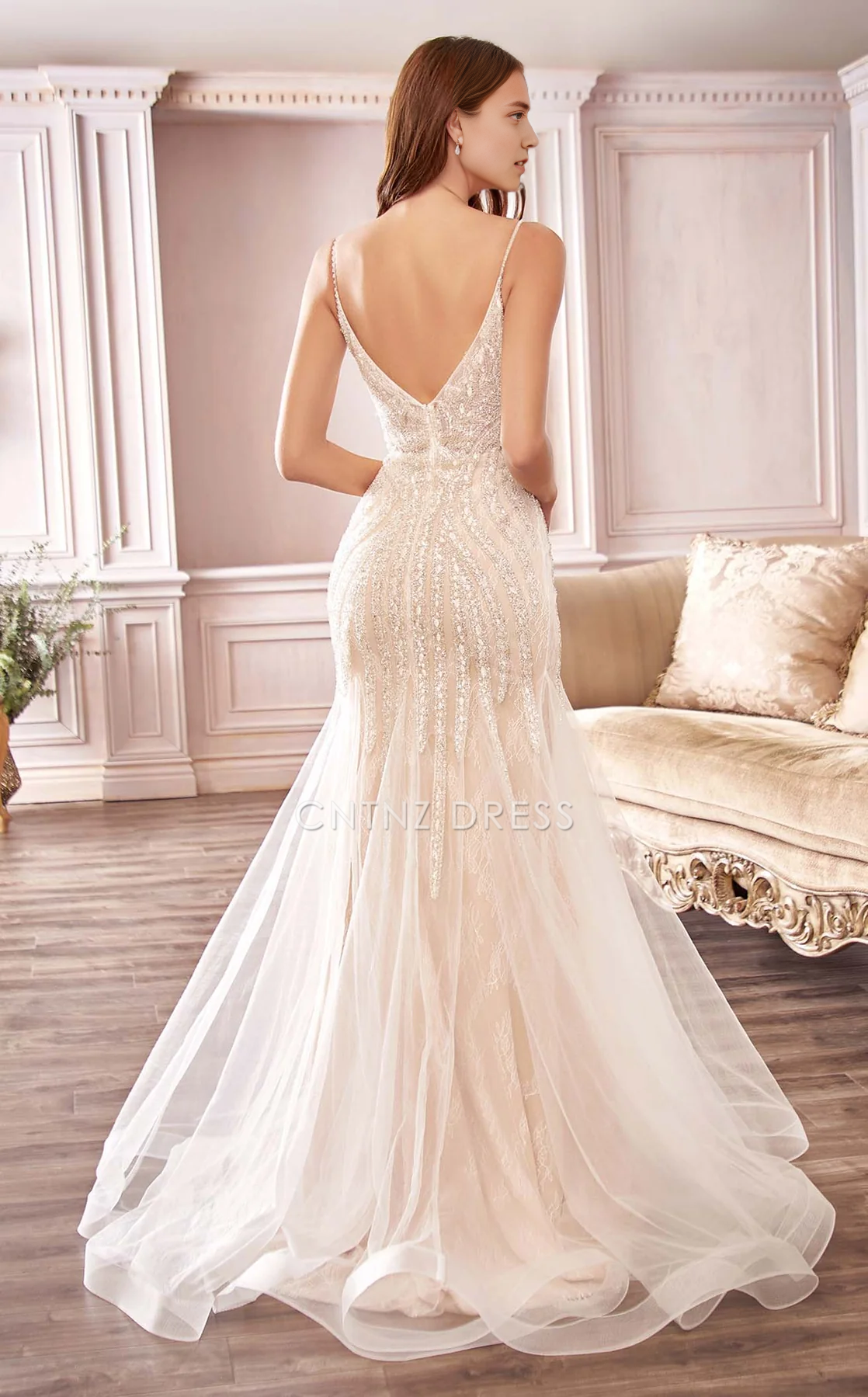 CNTNZ DRESS Luxurious Mermaid Spaghetti Strap V Neck Backless Gorgeous Sparkle Hot Sale Wedding Dress