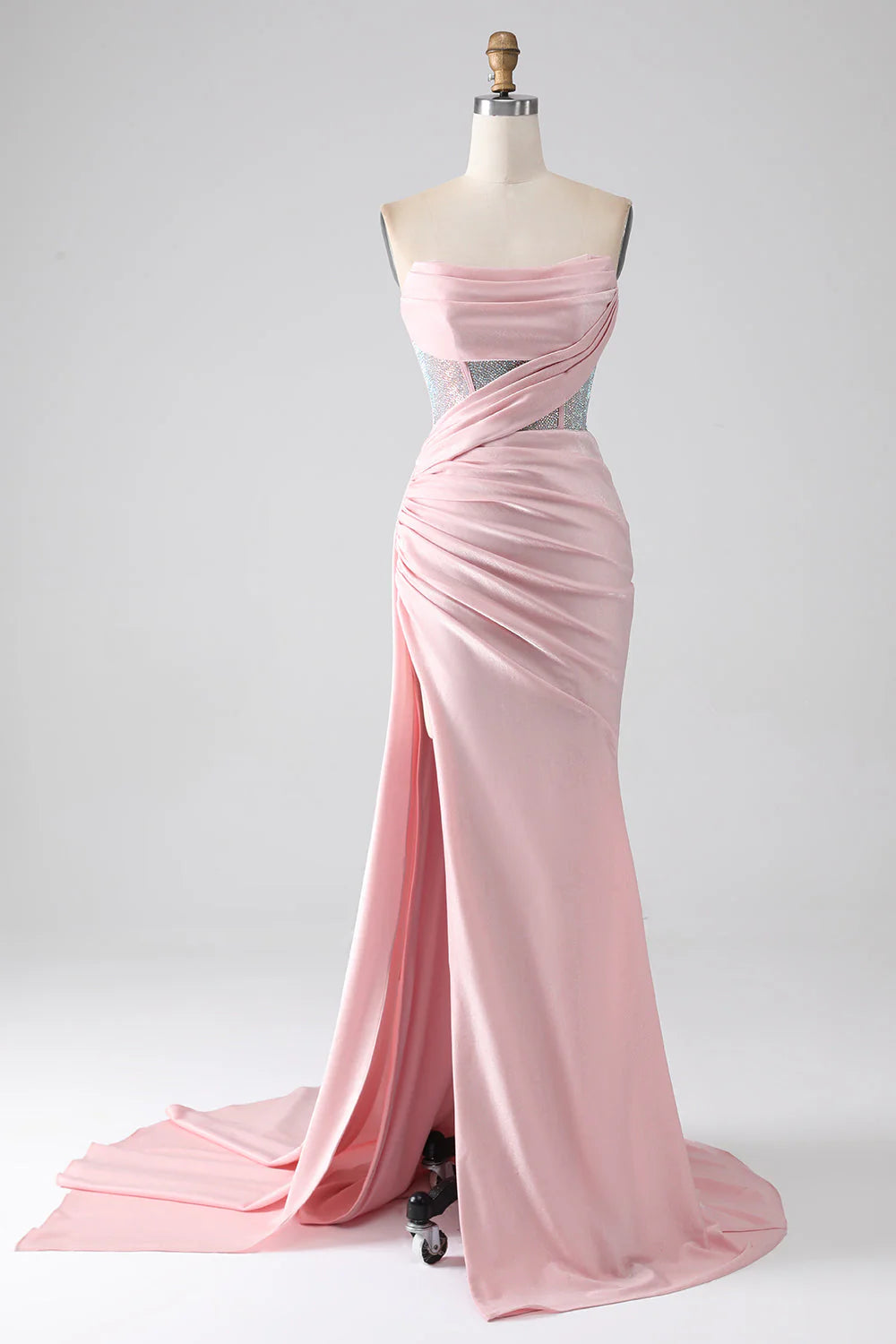 Wholesa Mermaid Strapless Beaded Pleated Long Prom Dress With High Slit