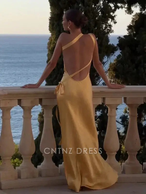 Wholesa Mermaid Classy One-shoulder Yellow Satin formal dresses Bridesmaid Dresses evening gown Prom Dress