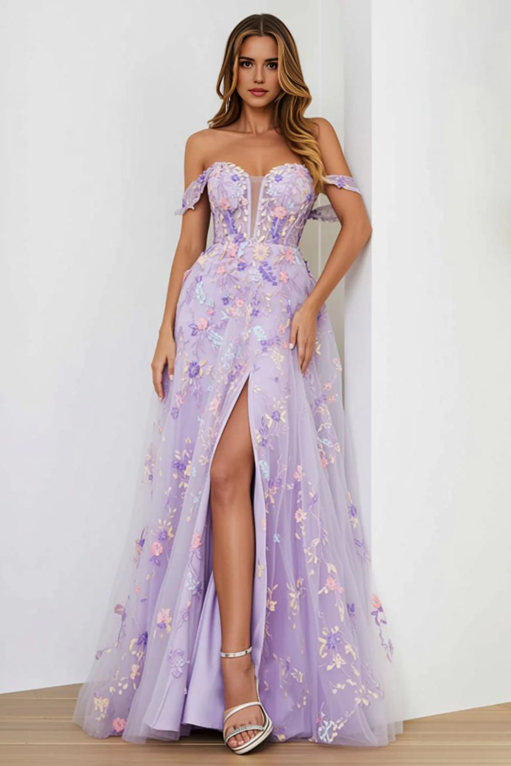 Fantastic Formal Women's Dresses Lilac A Line Off Shoulder Sweetheart Neckline Sleeveless Floral with Slit Backless Discount Long Prom Dress
