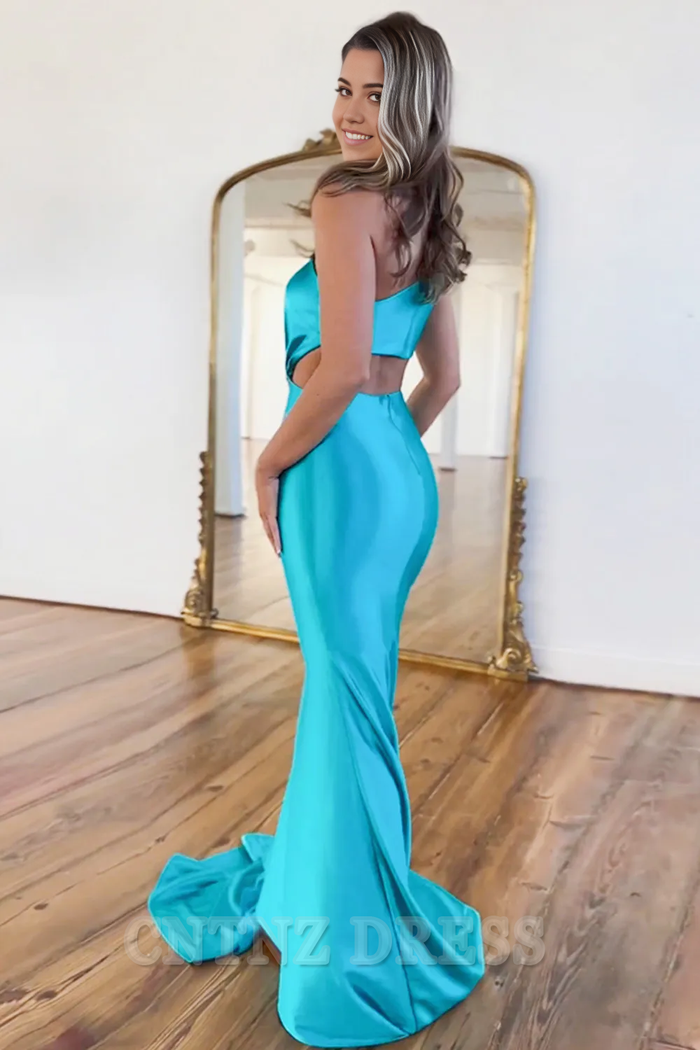 Wholesa Mermaid One Shoulder Cutout Waist Long Satin formal dresses evening gown Prom Dress With Beading