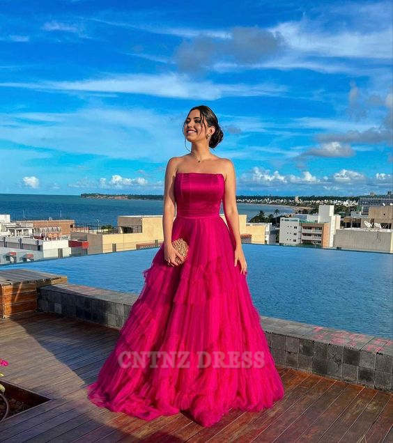 Wholesa A-line Strapless Tulle Long formal dresses Bridesmaid Dresses evening gown Prom Dress With Ruffles