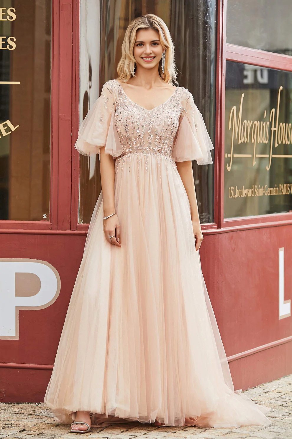 Charming A-Line V Neck Flutter Sleeves Beaded Backless Tulle Long Party Dress Hot Sale Prom Dresses