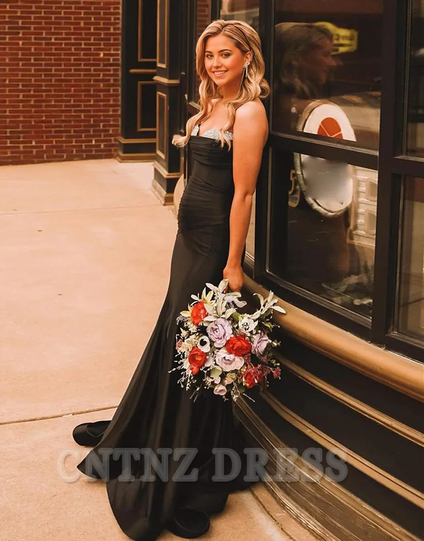 Wholesa Mermaid Sparkly Beaded Strapless Satin Black Long formal dresses Bridesmaid Dresses evening gown Prom Dress