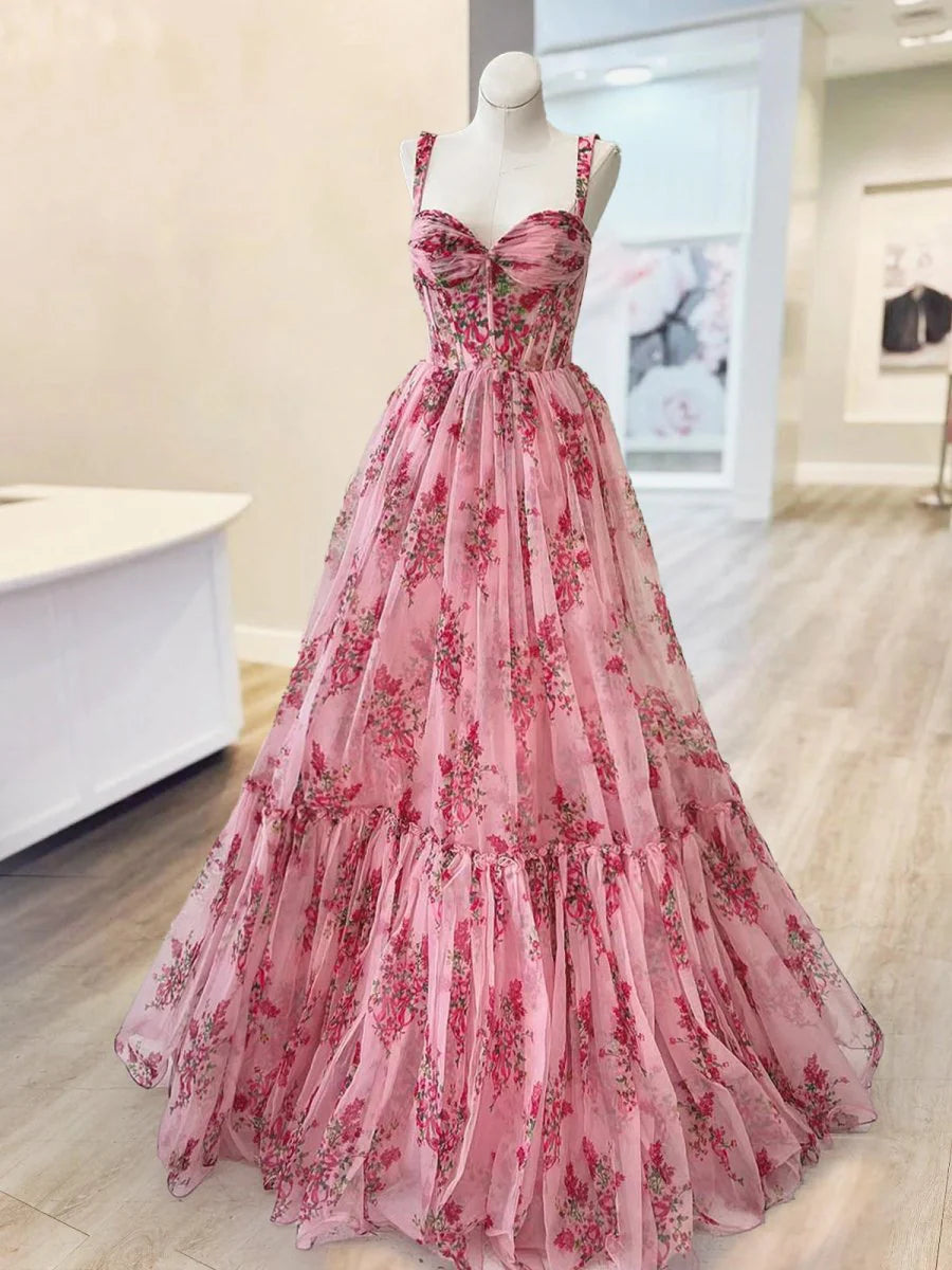 Romantic Formal Women's Dresses Pink Chiffon Floral Printed A Line Spaghetti Strap Sweetheart Sleeveless Ruched Bargain Long Prom Dress