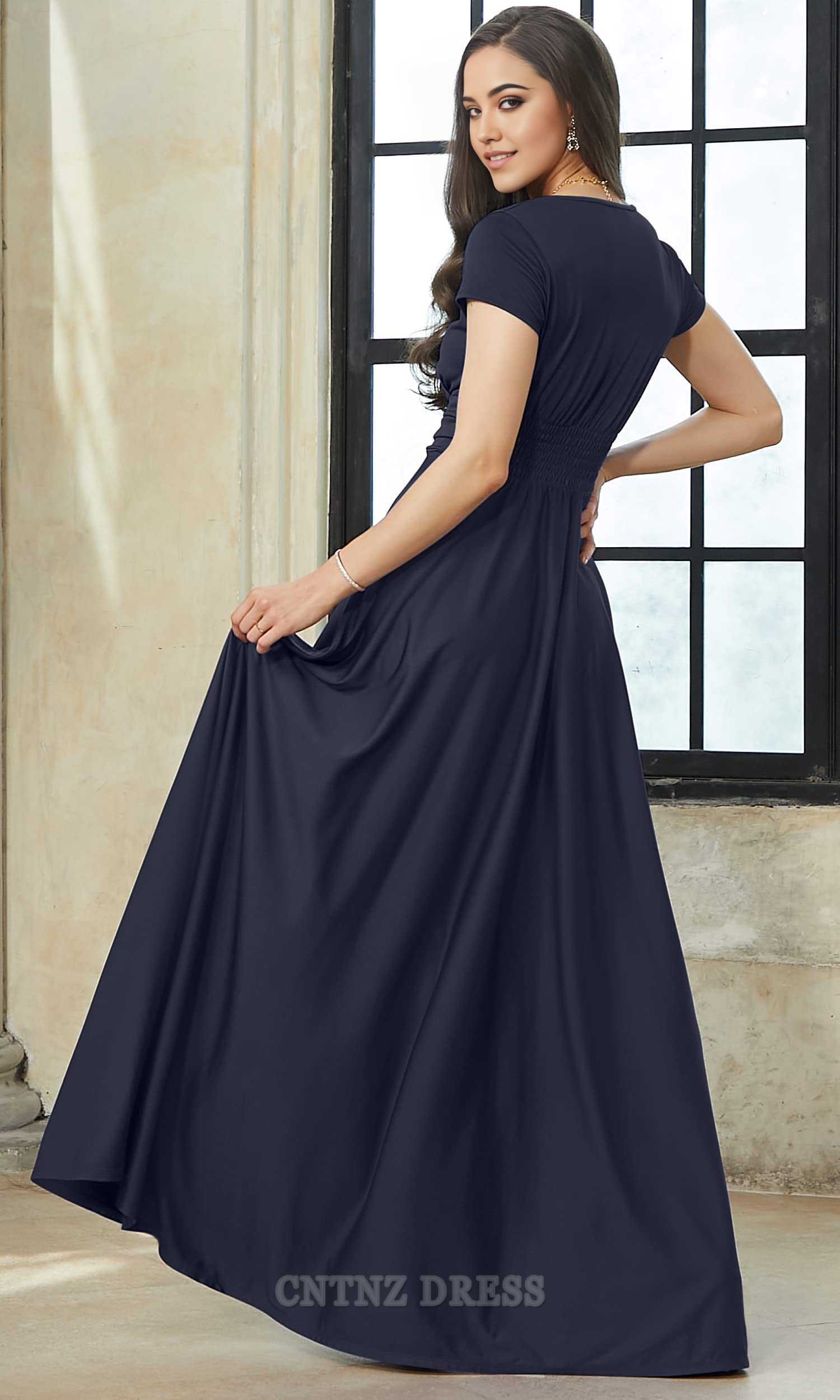 Wholesa A-line V-Neck Sexy Cap Short Sleeve formal dresses evening gown Bridesmaid Dresses