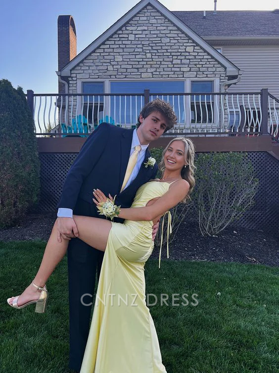 Wholesa Sheath Spaghetti Straps Yellow formal dresses Bridesmaid Dresses evening gown Prom Dress With Split