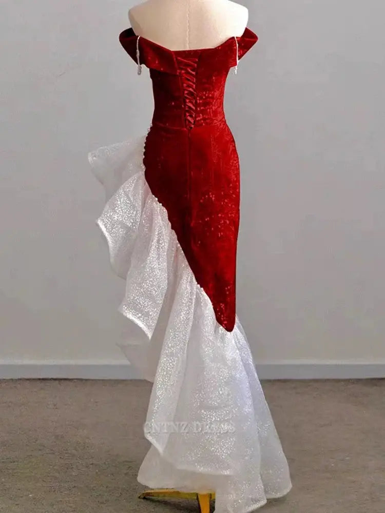 Wholesa Sheath Off The Shoulder Sequin Red formal dresses Bridesmaid Dresses evening gown Prom Dress