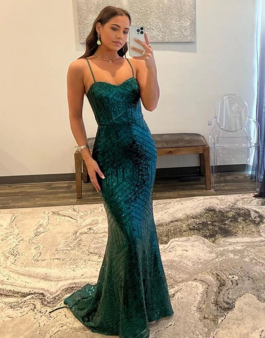 Wholesa Mermaid Spaghetti Straps Long Sequin formal dresses evening gown Prom Dress