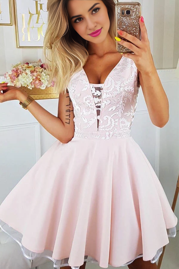 CNTNZ DRESS Hot Sale Short Prom Dress A-line Deep V-neck Sexy Appliques Sleeveless Junior Dresses Cute Homecoming Dress