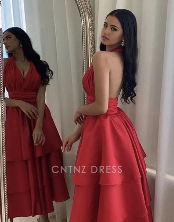 Wholesa A Line Halter V Neck Charming Tiered Satin formal dresses Bridesmaid Dresses evening gown Prom Dress