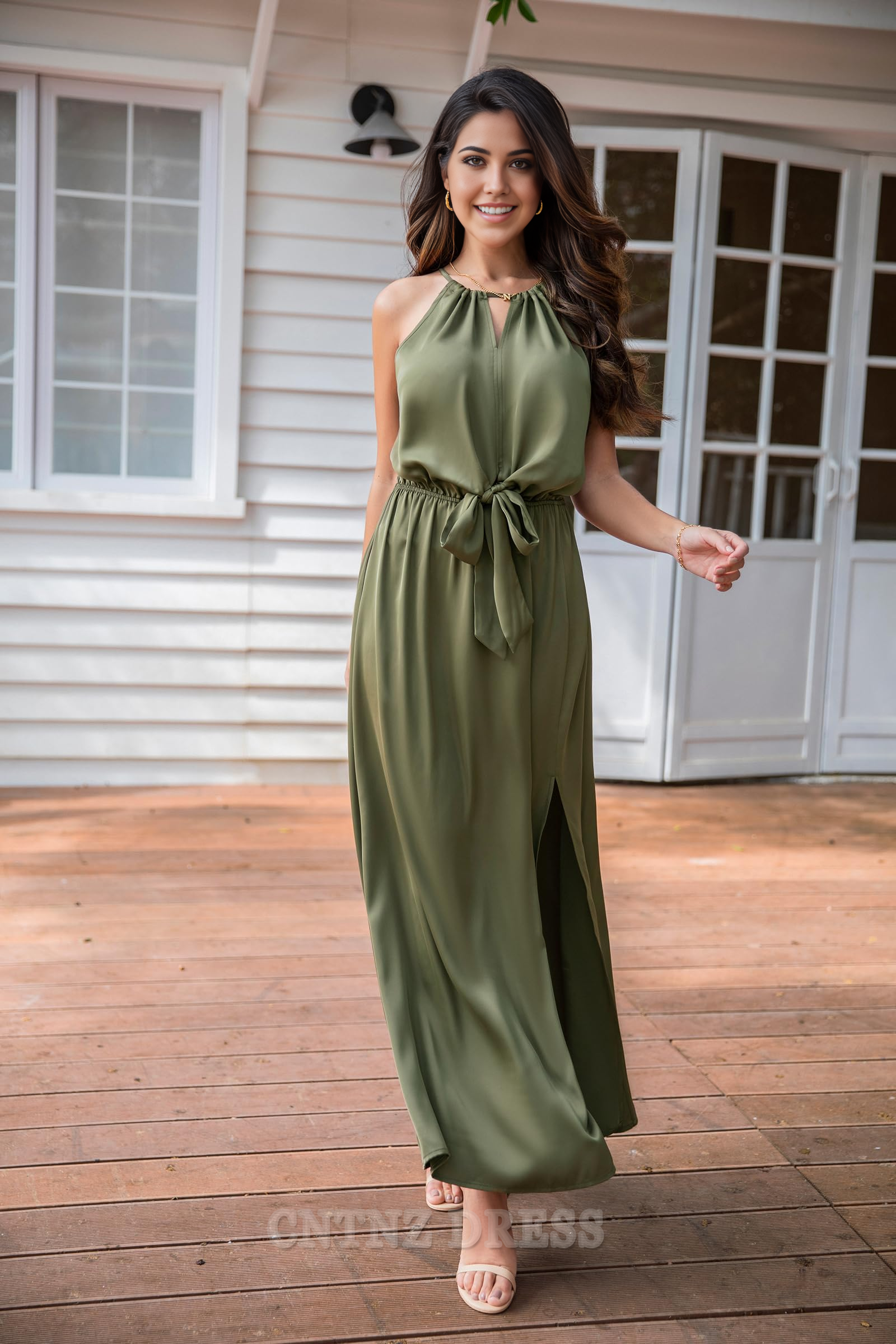 Wholesa Boho Halter Maxi Tie Waist Satin Elegant Sleeveless Long High Slit formal dresses Bridesmaid Dresses evening gown Prom Dress