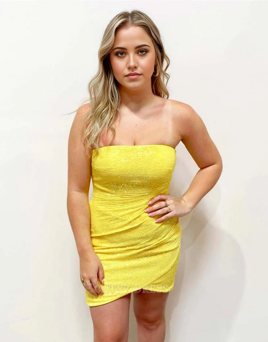 Wholesa Sheath Simple Strapless Zipper Back Yellow formal dresses Bridesmaid Dresses evening gown Prom Dress Homecoming Dress
