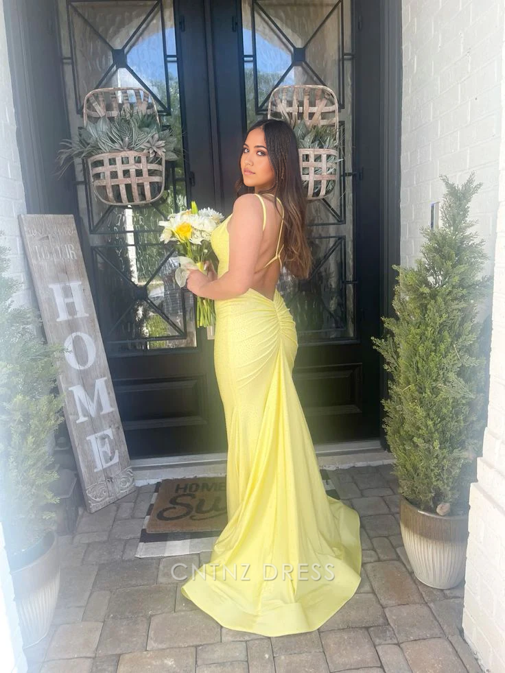 Wholesa Mermaid Sparkly Spaghetti Straps Yellow Long formal dresses Bridesmaid Dresses evening gown Prom Dress