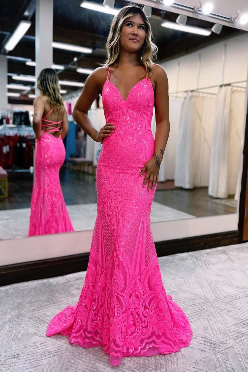 Wholesa Mermaid V Neck Sweep Train Prom Dresses