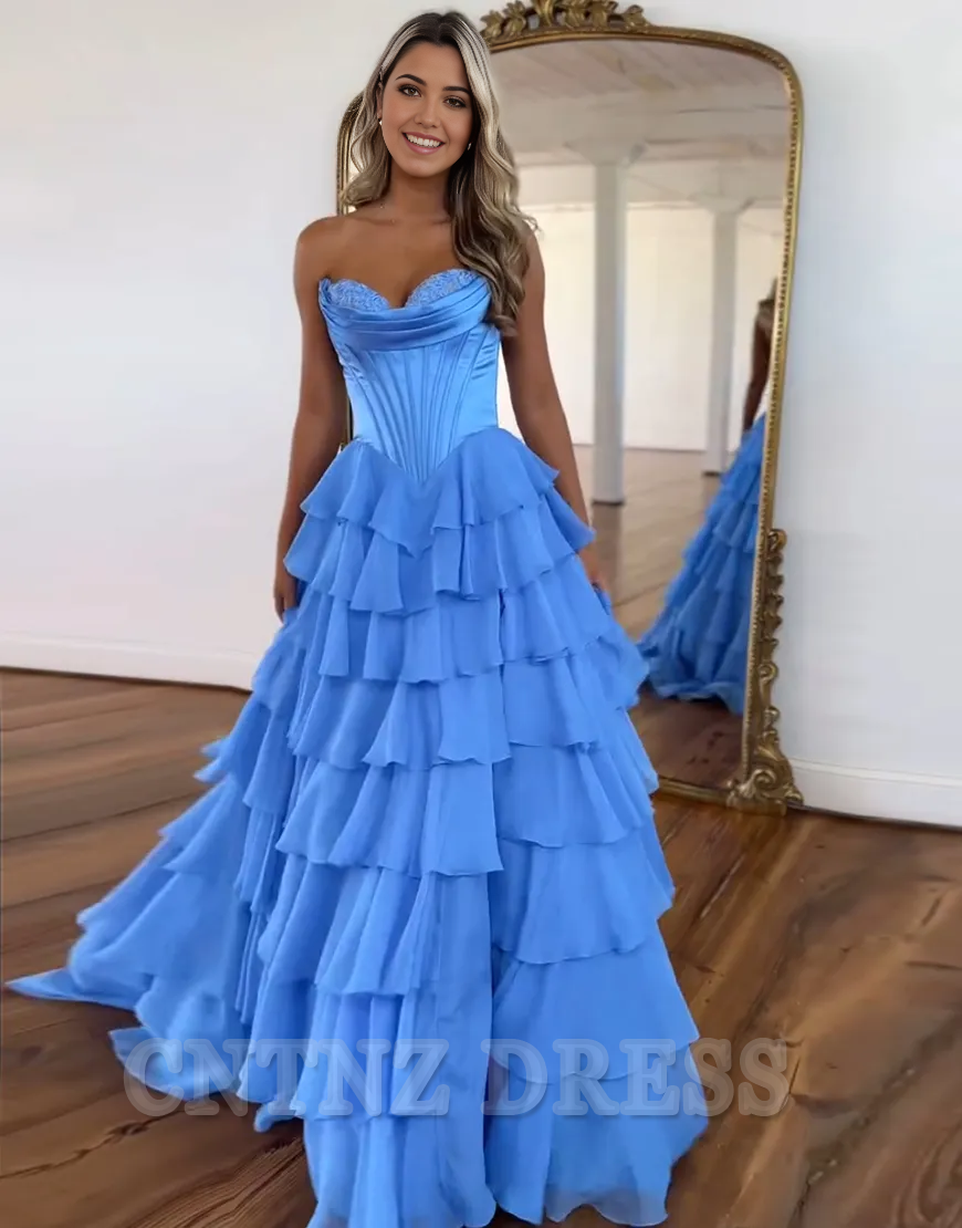 Wholesa A-Line Strapless Corset Tiered Long formal dresses evening gown Prom Dress with Slit