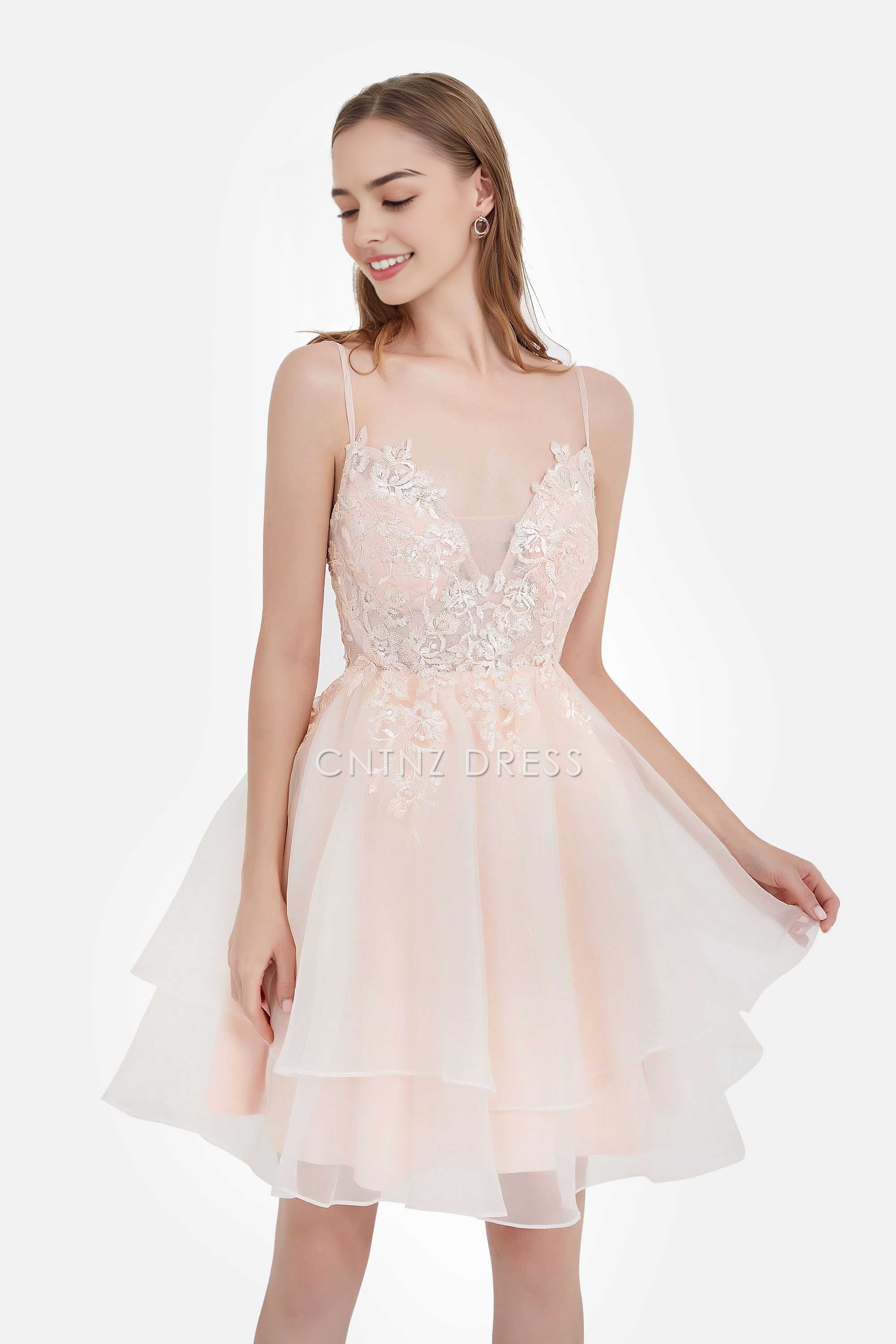 CNTNZ DRESS Elegant A Line V Neck Spaghetti Straps See-through Lace Applique Bodice Backless Charming Dresses Hot Sale Homecoming Dress