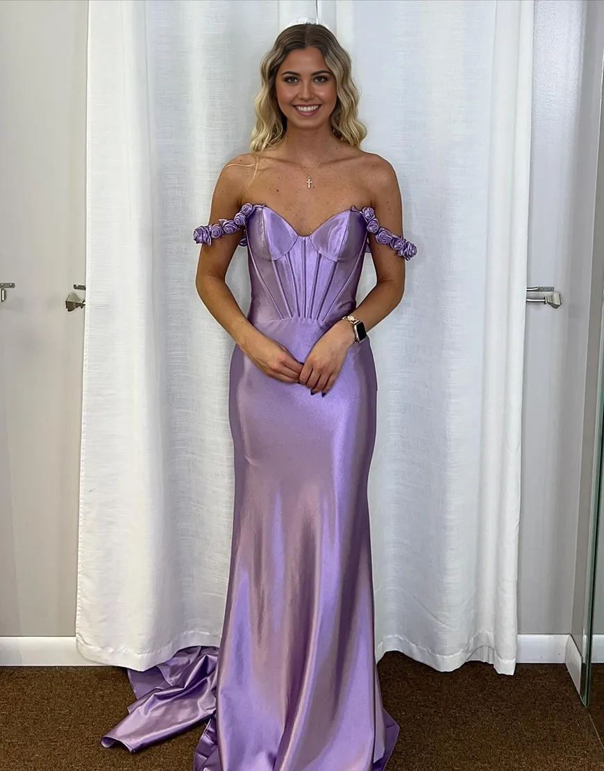 Wholesa Mermaid Flowers Off the Shoulder Corset Lilac Long formal dresses Bridesmaid Dresses evening gown Prom Dress