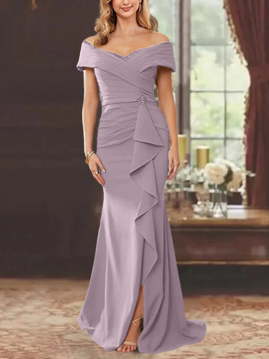 Wholesa Sheath Column Floor-Length Off-The-Shoulder Mother Of The Bride Dresses With Ruffles