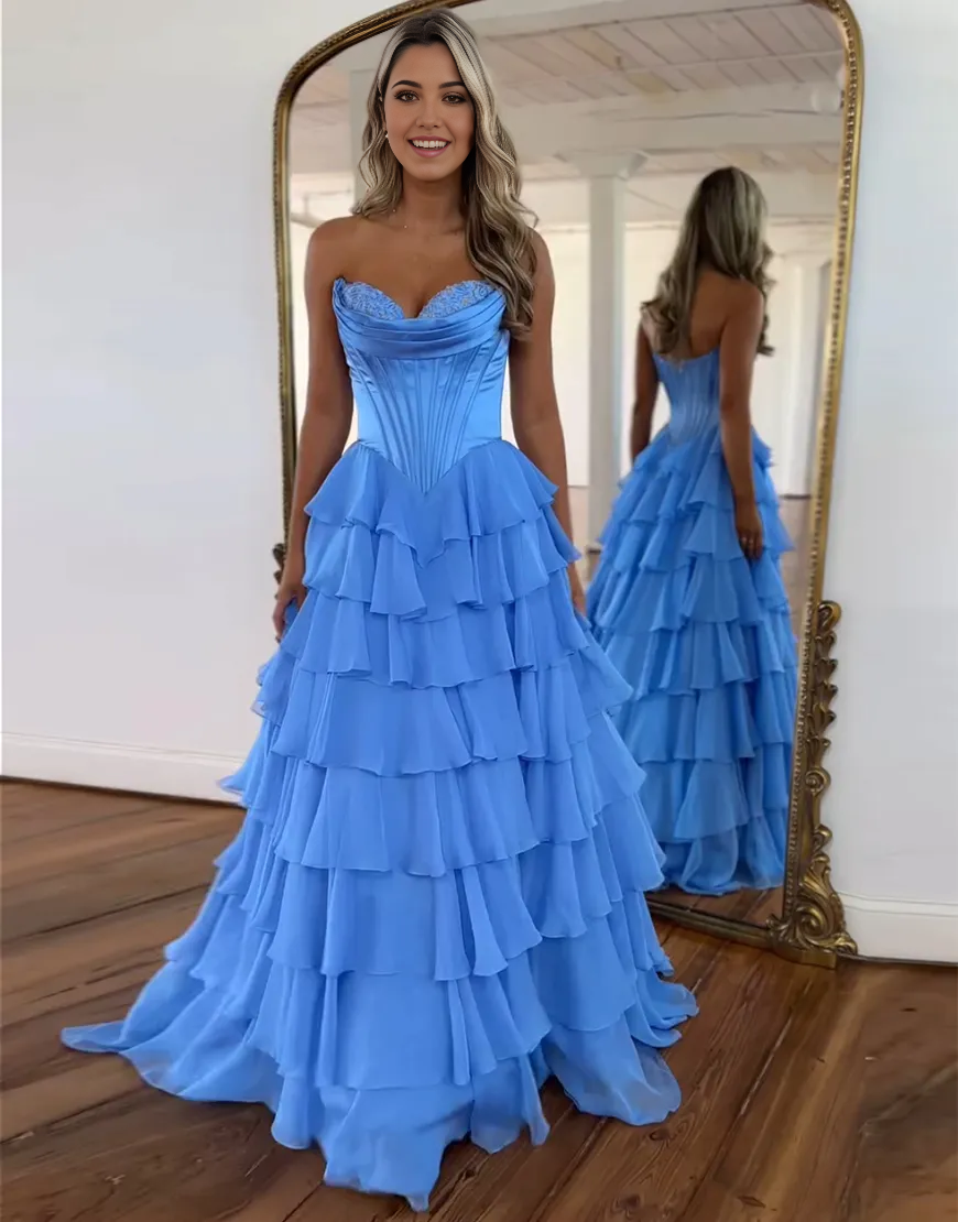 Wholesa A-Line Strapless Corset Tiered Long formal dresses evening gown Prom Dress with Slit