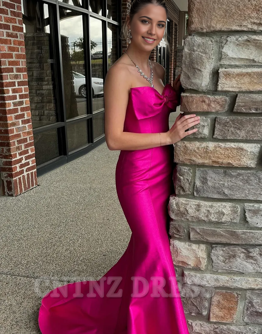 Mermaid Strapless Satin Long Fuchsia formal dresses evening gown Prom Dress with Bow