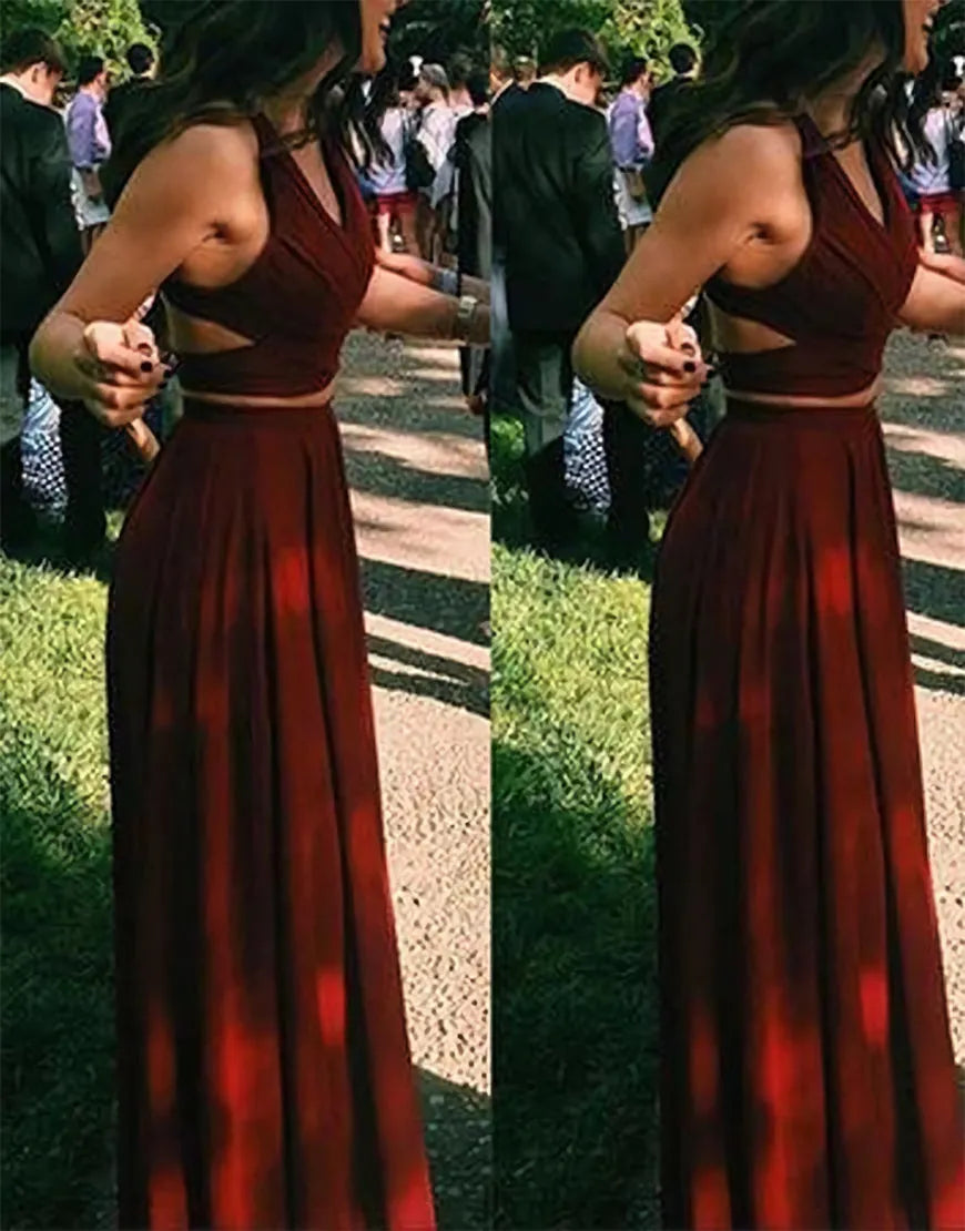 Wholesa Two Piece A-Line Floor-length Burgundy Chiffon formal dresses evening gown Prom Dress