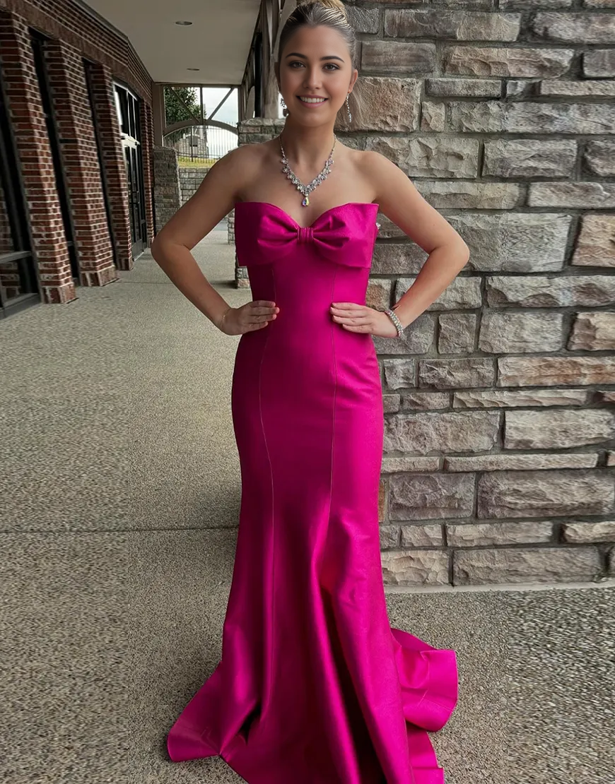 Mermaid Strapless Satin Long Fuchsia formal dresses evening gown Prom Dress with Bow