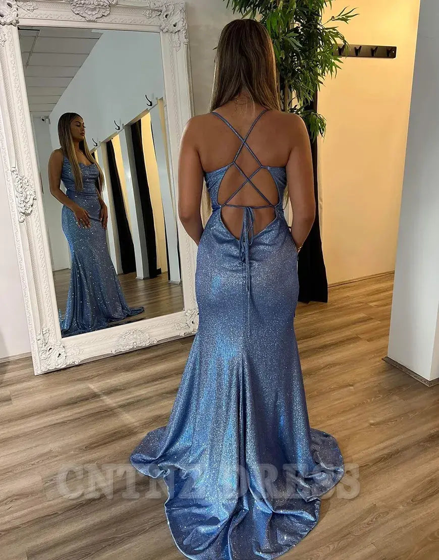 Wholesa Mermaid Sparkly Spaghetti Straps Ruched Grey Blue Long formal dresses Bridesmaid Dresses evening gown Prom Dress