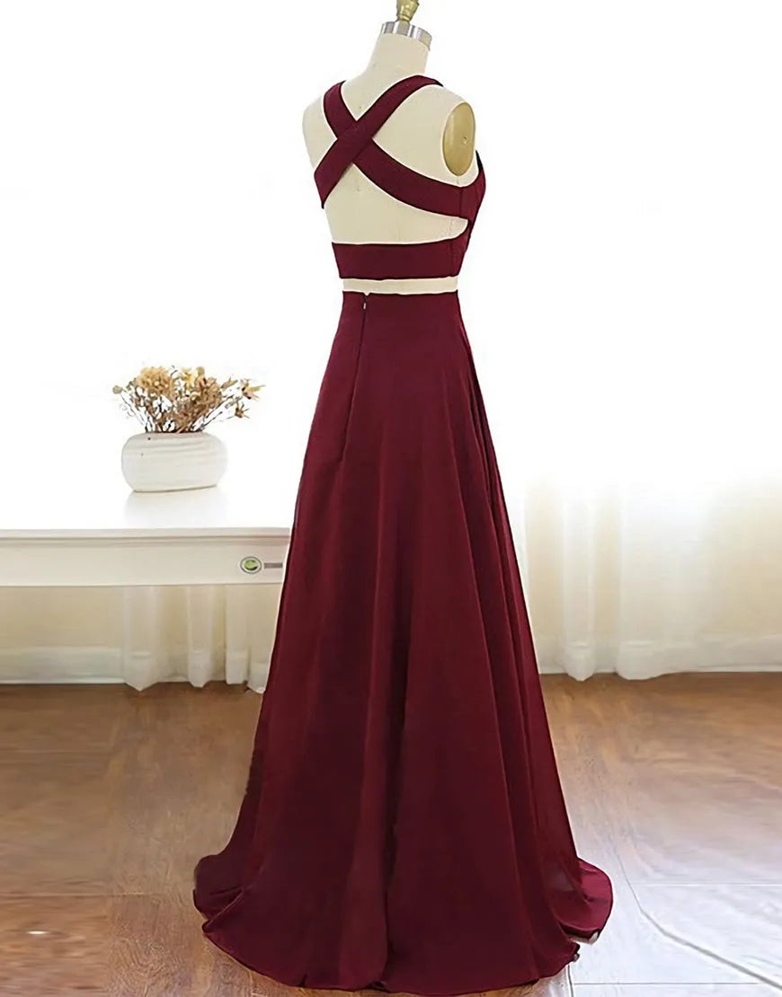 Wholesa Two Piece A-Line Floor-length Burgundy Chiffon formal dresses evening gown Prom Dress