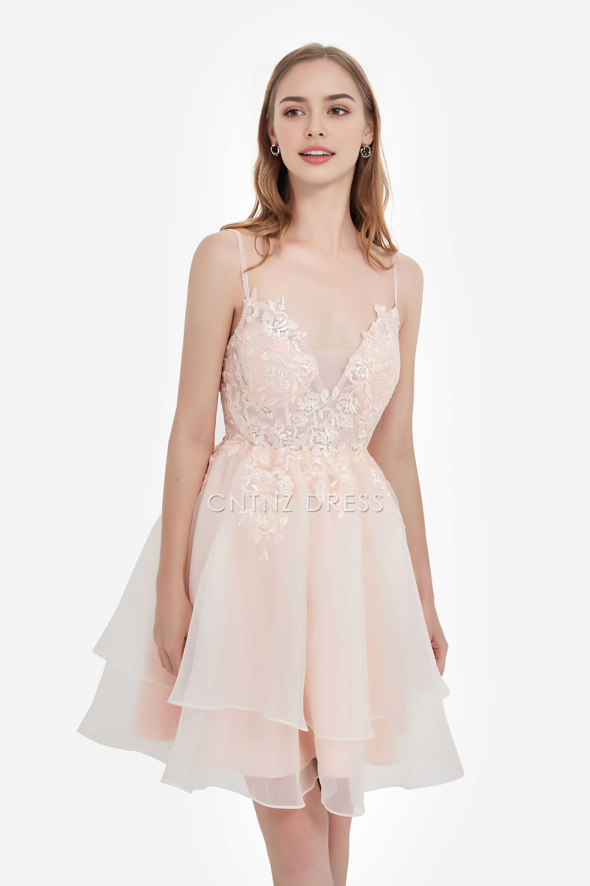 CNTNZ DRESS Elegant A Line V Neck Spaghetti Straps See-through Lace Applique Bodice Backless Charming Dresses Hot Sale Homecoming Dress
