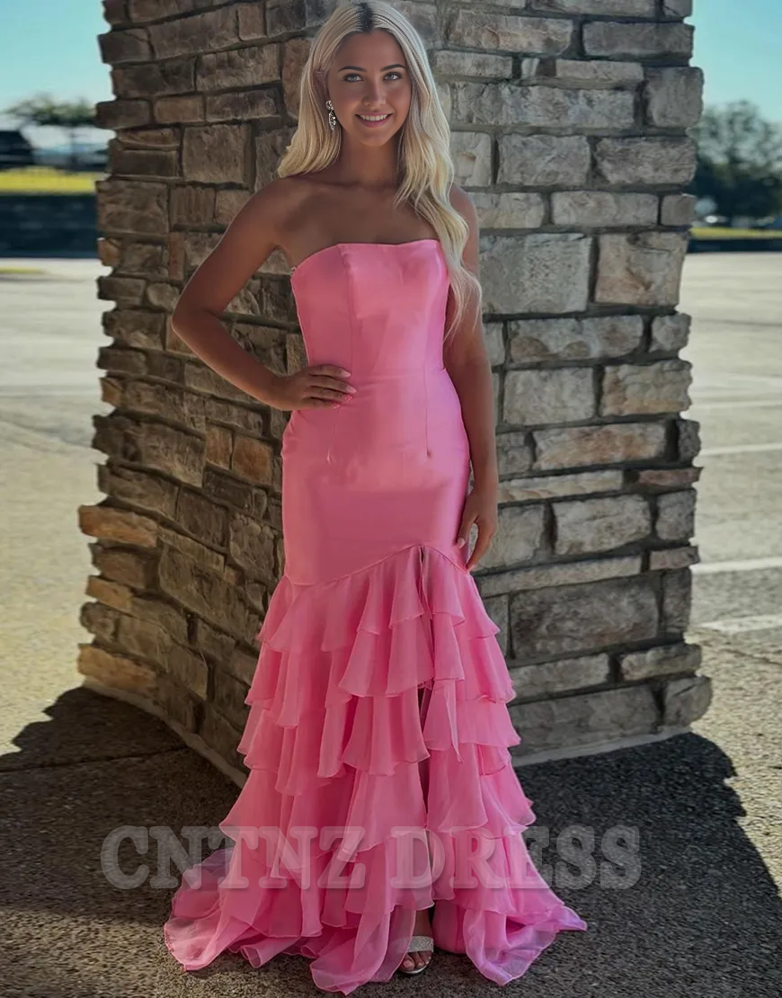 Mermaid Strapless Ruffles Blue Long formal dresses evening gown Prom Dress with Slit