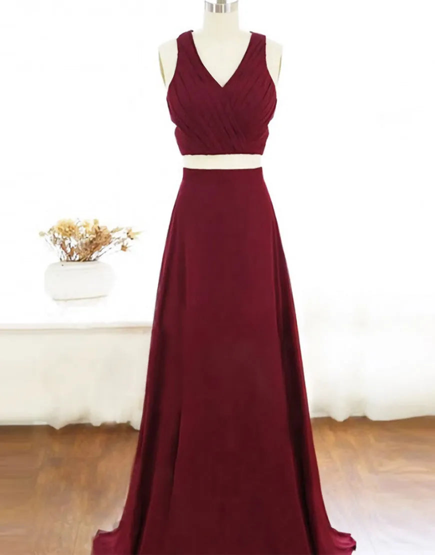 Wholesa Two Piece A-Line Floor-length Burgundy Chiffon formal dresses evening gown Prom Dress