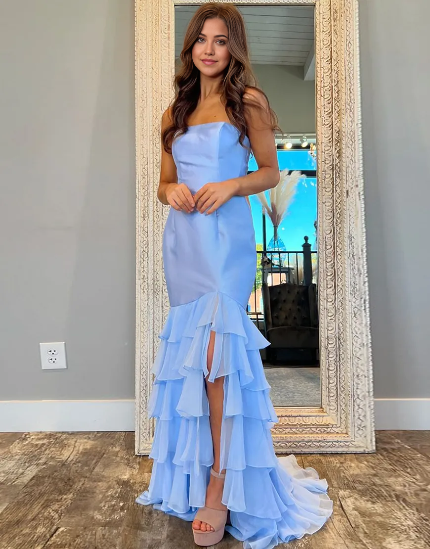 Mermaid Strapless Ruffles Blue Long formal dresses evening gown Prom Dress with Slit
