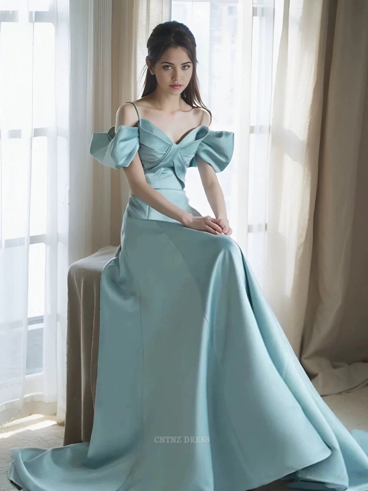 Wholesa A Line Spaghetti Straps Light Sky Blue Satin Long formal dresses Bridesmaid Dresses evening gown Prom Dress