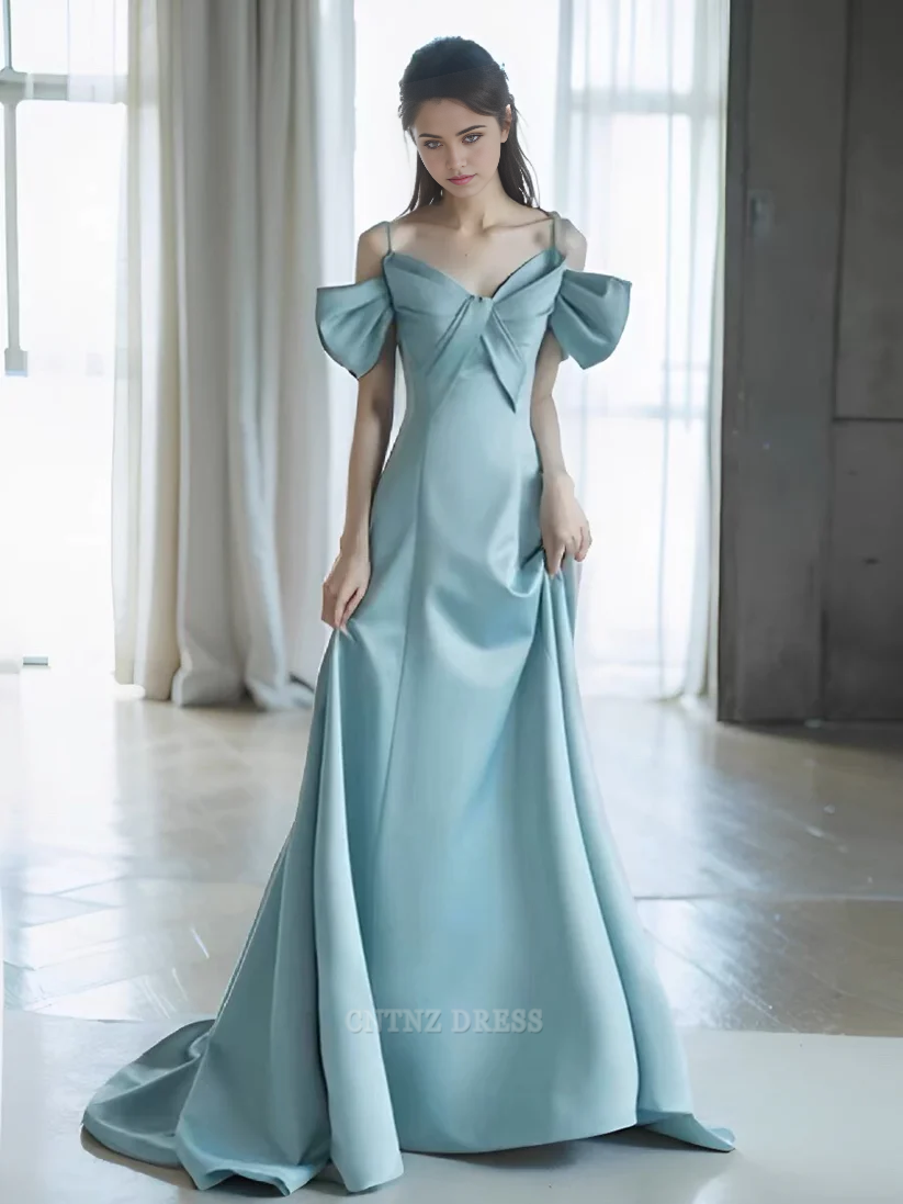 Wholesa A Line Spaghetti Straps Light Sky Blue Satin Long formal dresses Bridesmaid Dresses evening gown Prom Dress