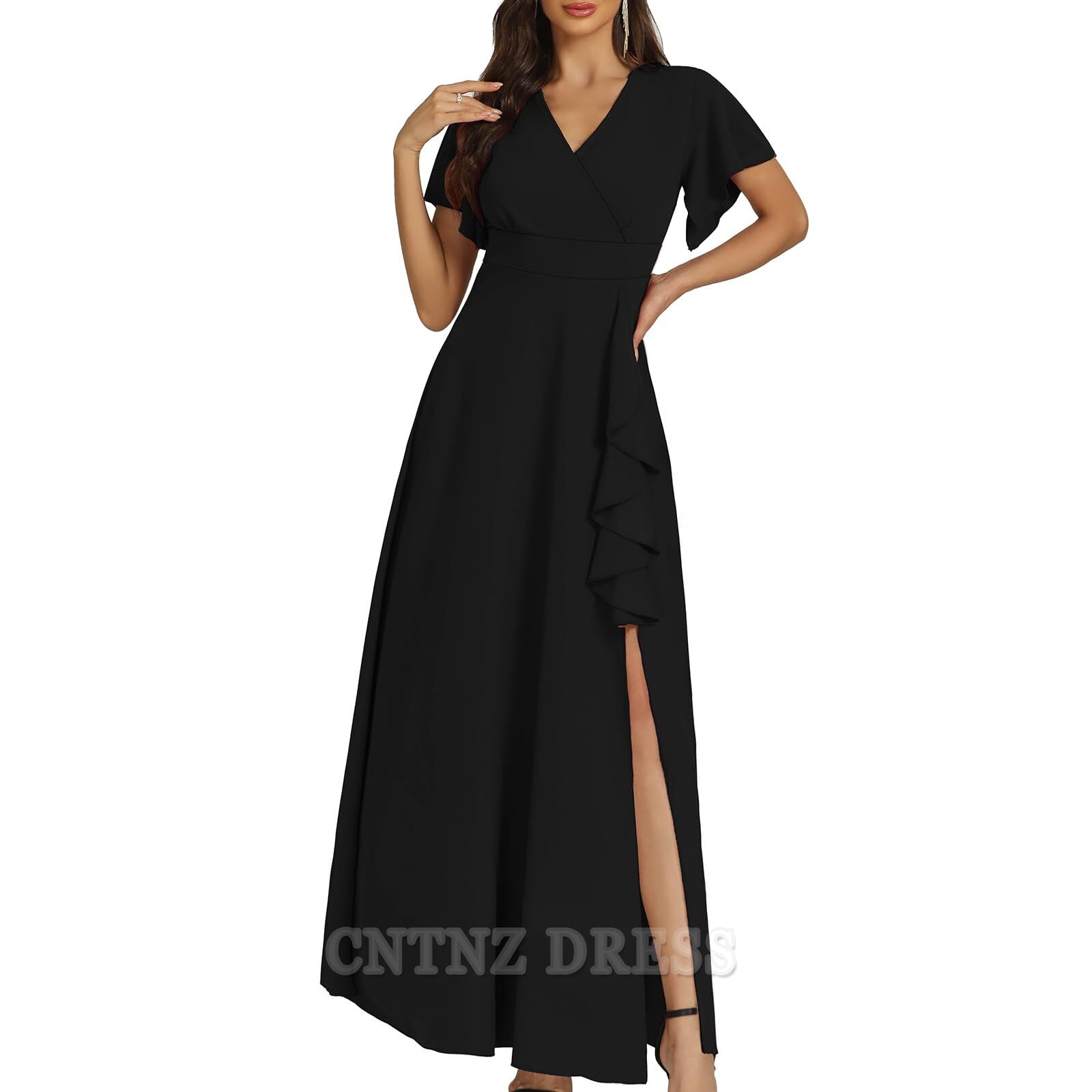 Wholesa A-line Elegant V Neck Ruffle Split formal dresses Bridesmaid Dresses evening gown Prom Dress