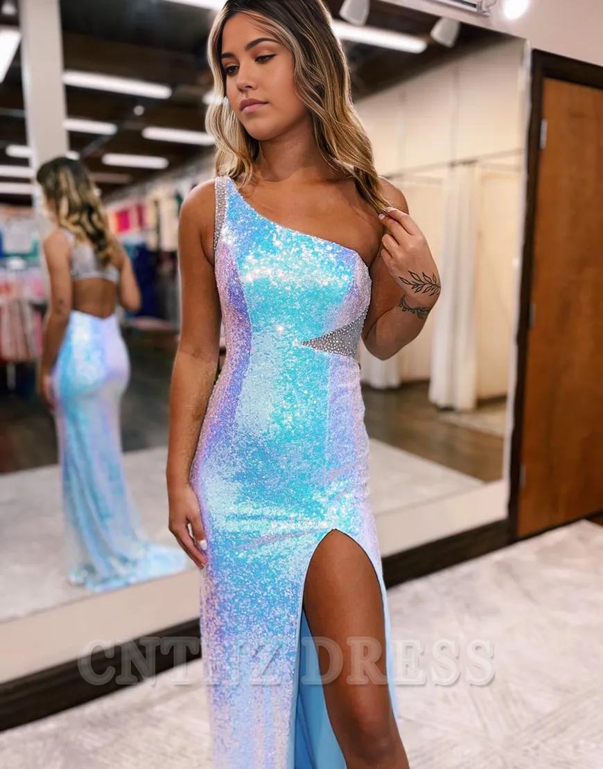 Wholesa Sparkly One-Shoulder Sequins Side Slit White Long formal dresses Bridesmaid Dresses evening gown Prom Dress With Tulle Streamer