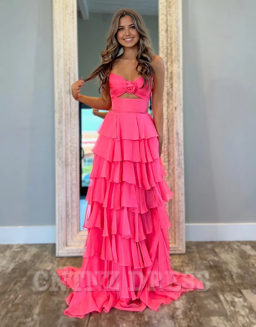 A-Line Strapless Flowers Ruffles Chiffon Black Long formal dresses evening gown Prom Dress with Slit