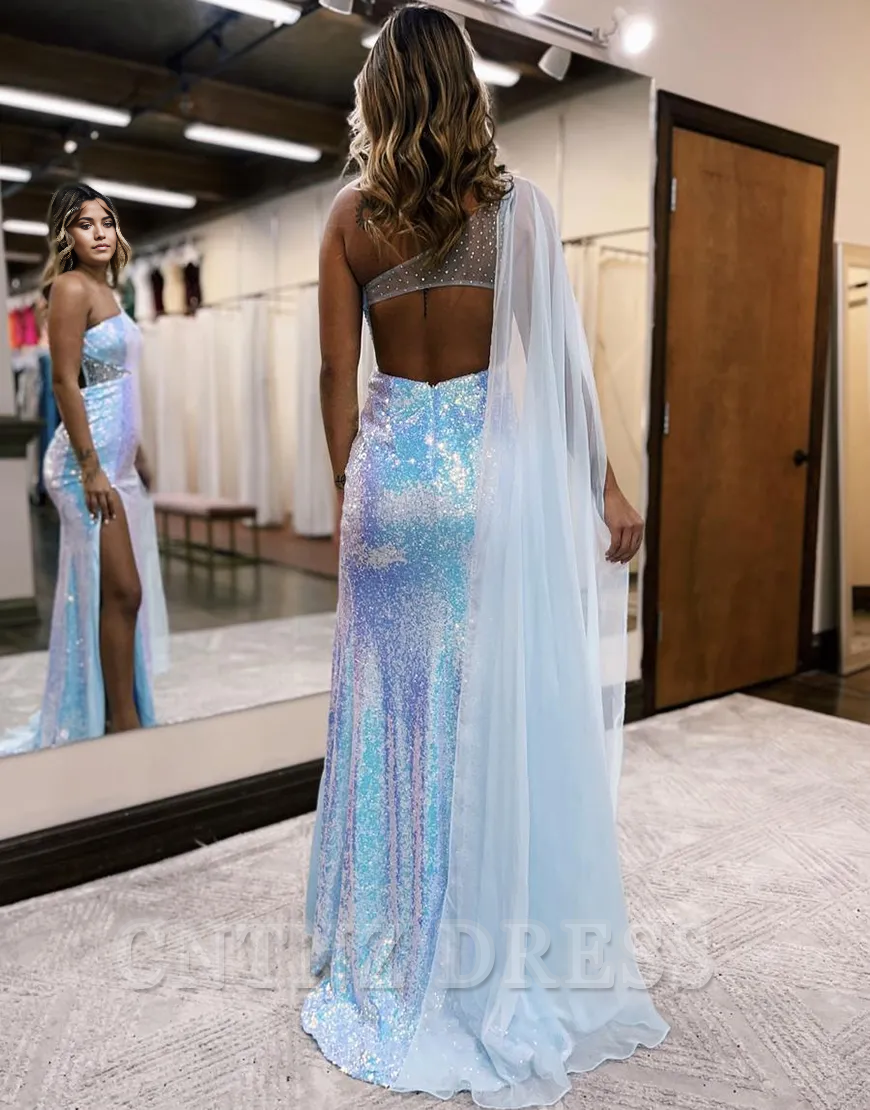 Wholesa Sparkly One-Shoulder Sequins Side Slit White Long formal dresses Bridesmaid Dresses evening gown Prom Dress With Tulle Streamer