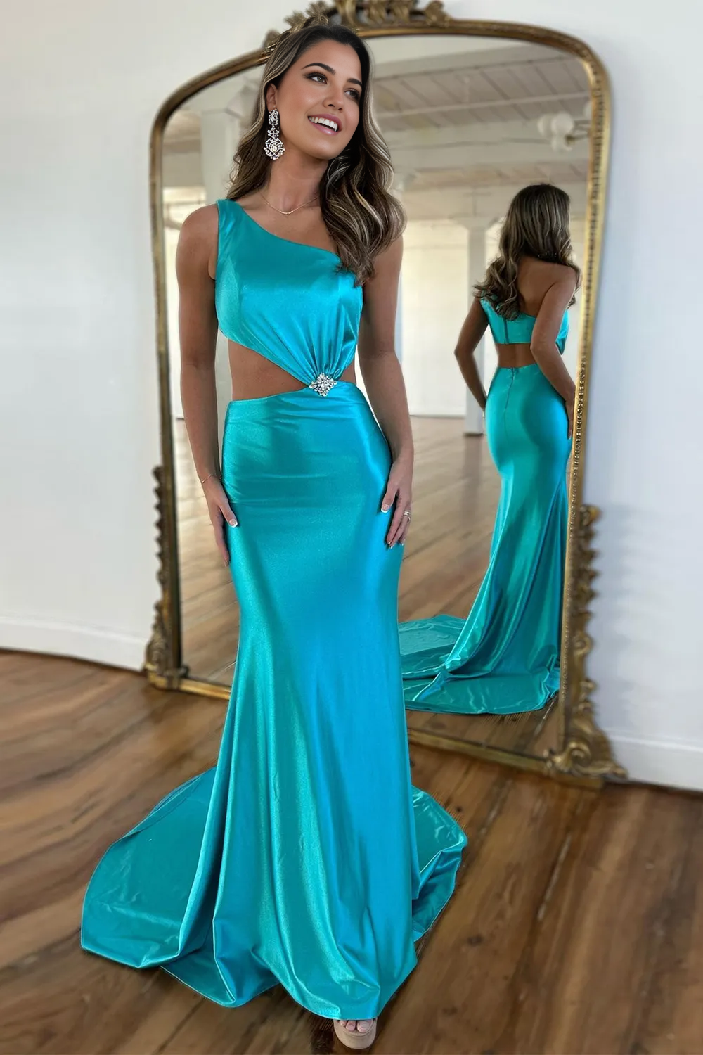 Wholesa Mermaid One Shoulder Cutout Waist Long Satin formal dresses evening gown Prom Dress With Beading