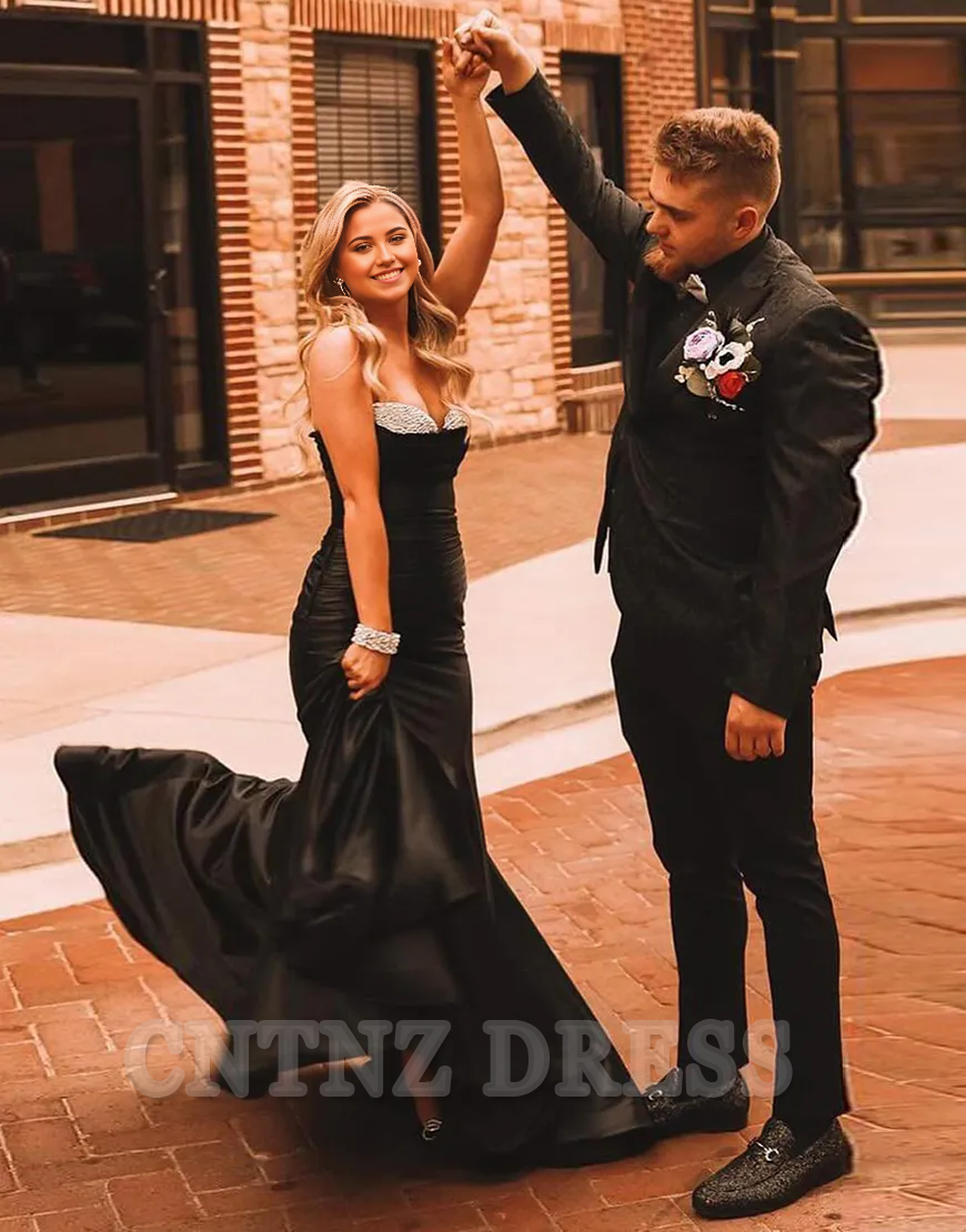 Wholesa Mermaid Sparkly Beaded Strapless Satin Black Long formal dresses Bridesmaid Dresses evening gown Prom Dress
