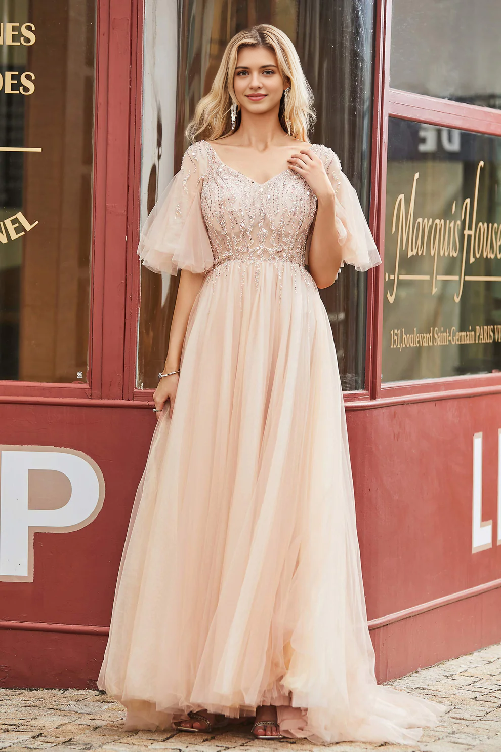 Charming A-Line V Neck Flutter Sleeves Beaded Backless Tulle Long Party Dress Hot Sale Prom Dresses