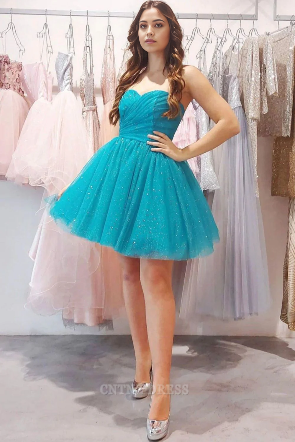 Wholesa A-line Strapless Glitter Tulle Blue Homecoming Dress formal dresses Bridesmaid Dresses evening gown Prom Dress