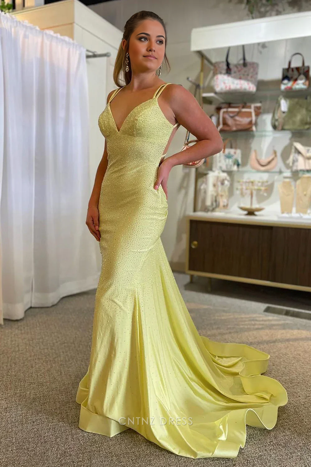 Wholesa Mermaid Sparkly Spaghetti Straps Yellow Long formal dresses Bridesmaid Dresses evening gown Prom Dress